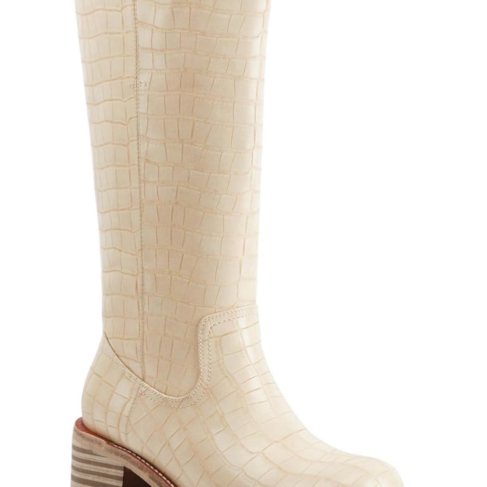 Elegant Cream Knee-High Crocodile Print Women's Boots